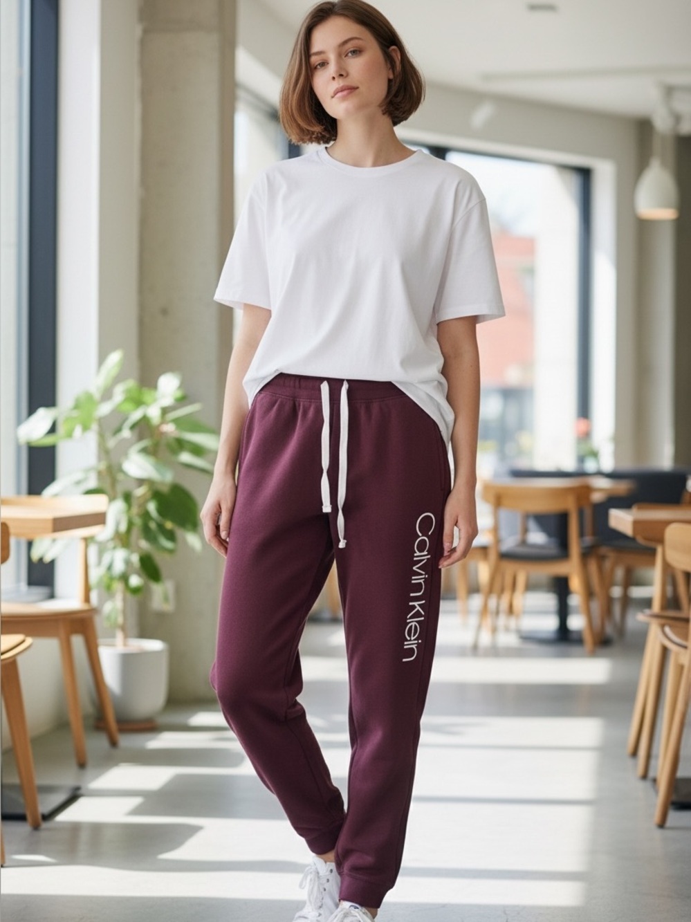 Calvin Klein Burgundy Logo Drawstring Ankle Sweatpants Joggers